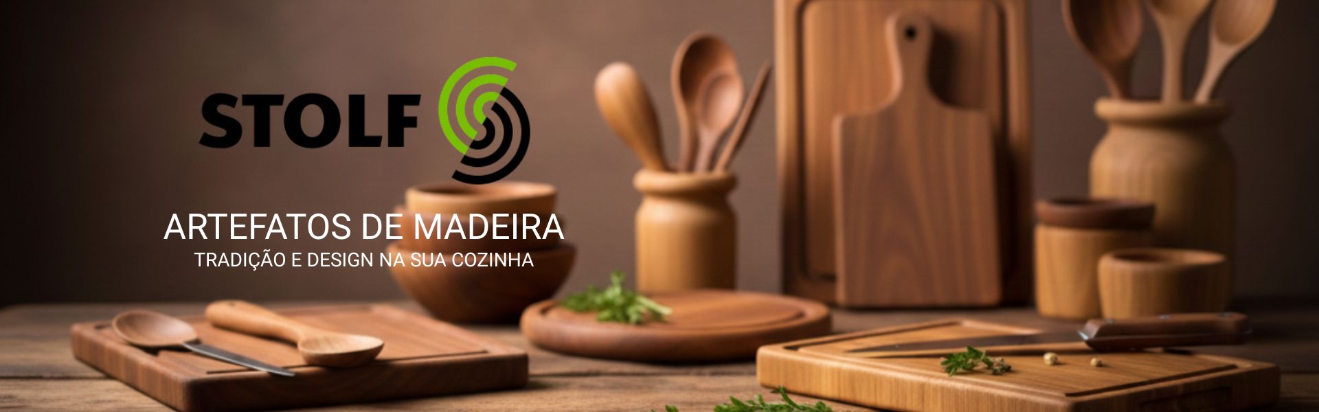 Banner da empresa Stolf com produtos de madeira e utilidades de banheiro
